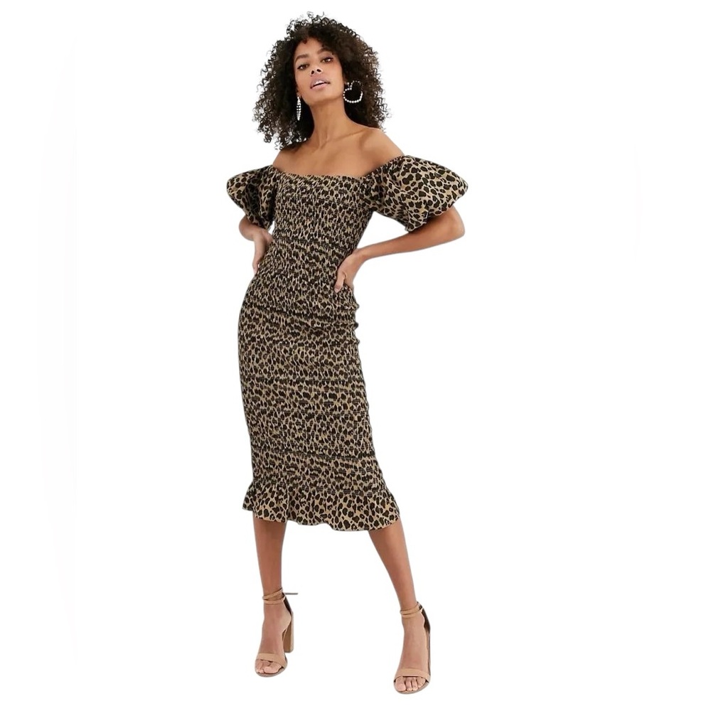 Never Fully Dressed Leopard Print Off-Shoulder Midi Dress in Brown and Black